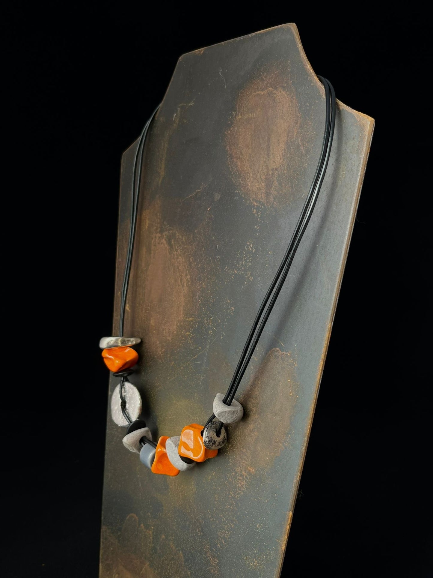 Ceramic Bead Necklace in Orange, Black & Silver
