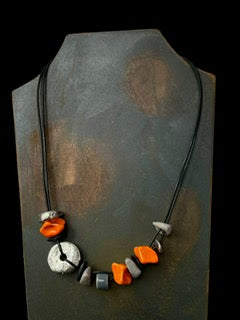 Ceramic Bead Necklace in Orange, Black & Silver
