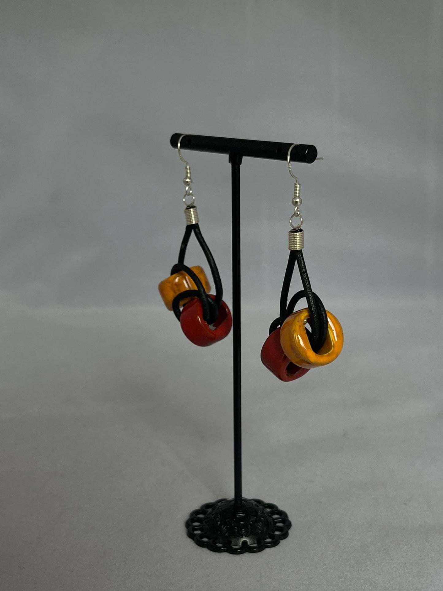 Handmade ceramic bead earrings in mustard & red