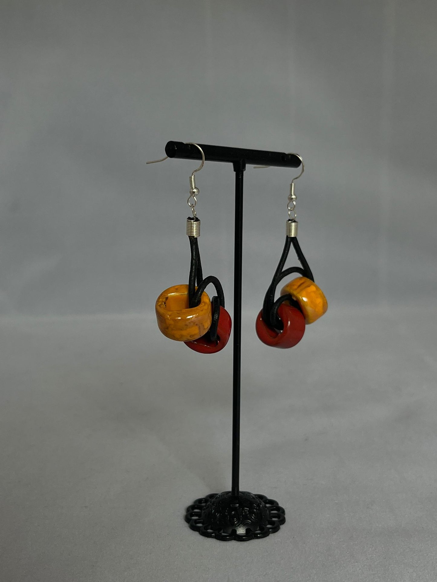 Handmade ceramic bead earrings in mustard & red