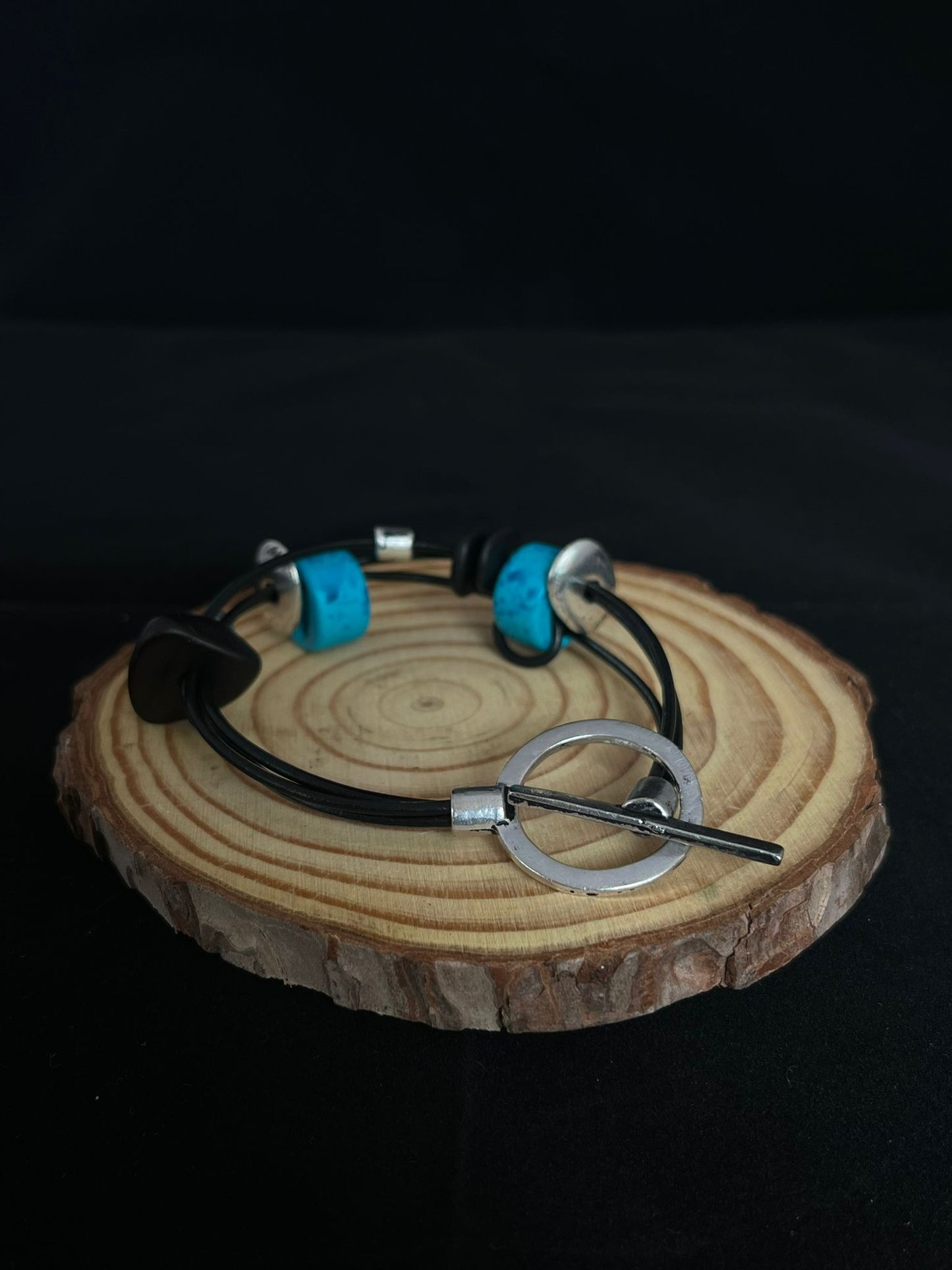 Ceramic bead bracelet in blue, black & silver