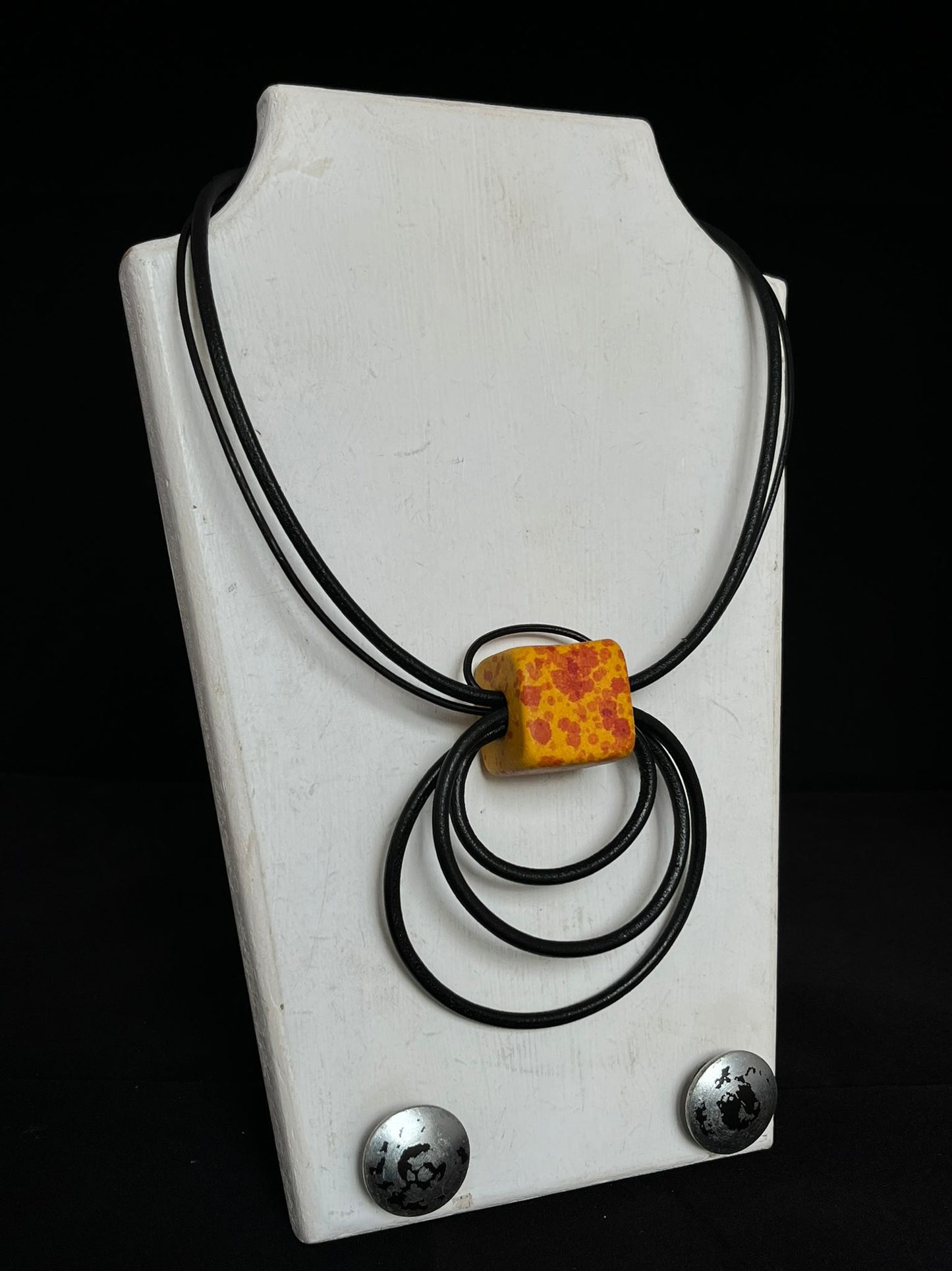 Handmade ceramic bead necklace in mustard & red
