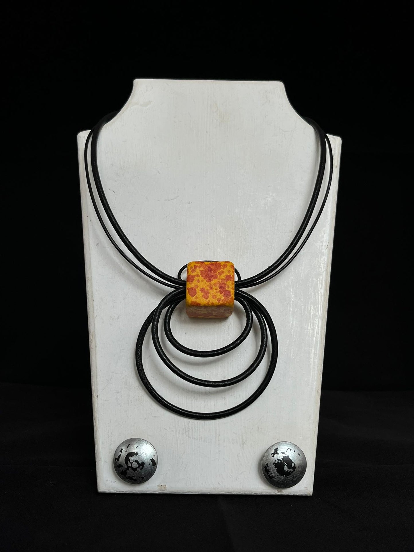 Handmade ceramic bead necklace in mustard & red