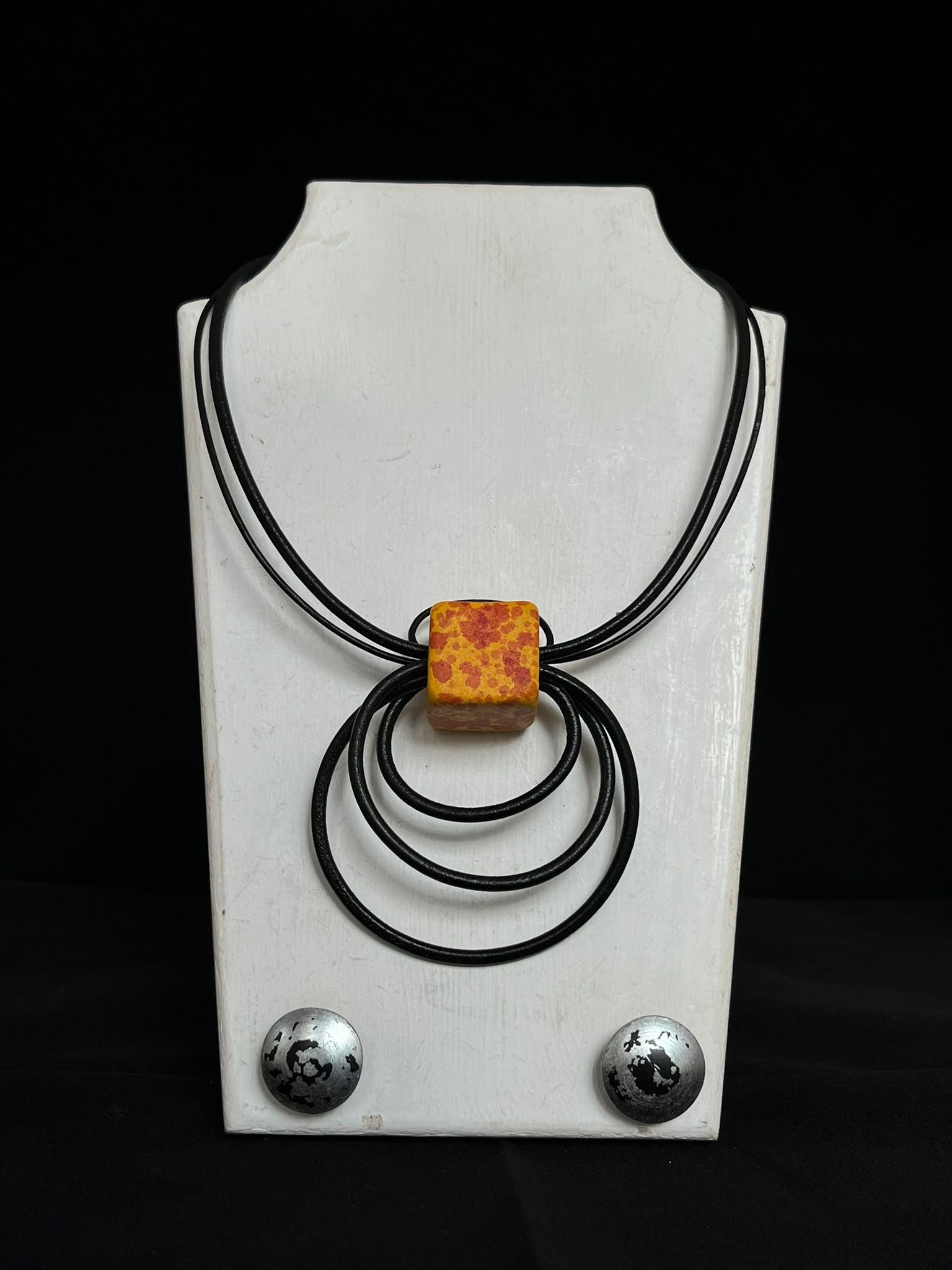 Handmade ceramic bead necklace in mustard & red