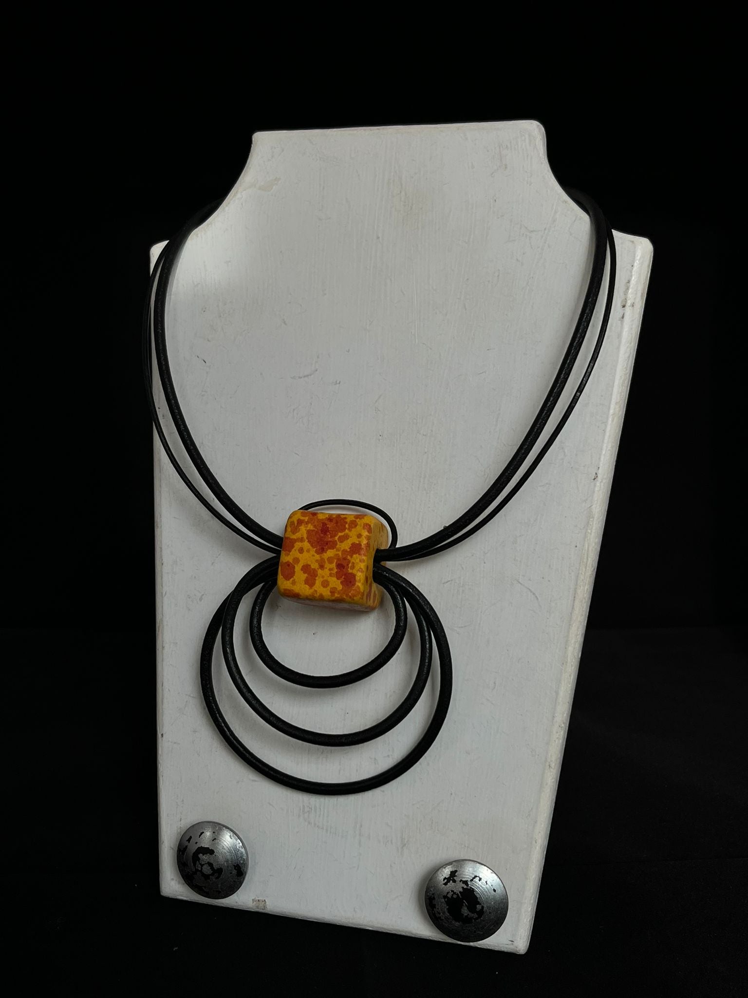Handmade ceramic bead necklace in mustard & red