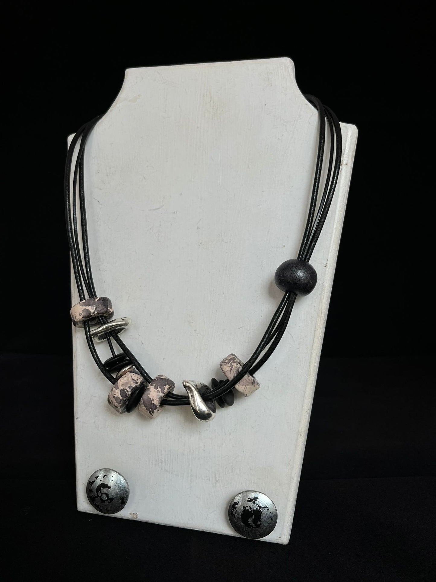 Handmade ceramic bead necklace in silver & black