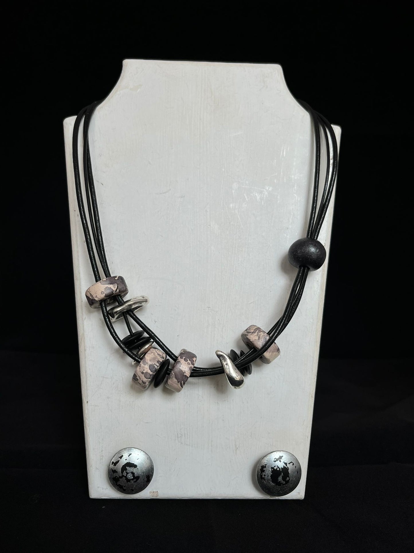 Handmade ceramic bead necklace in silver & black