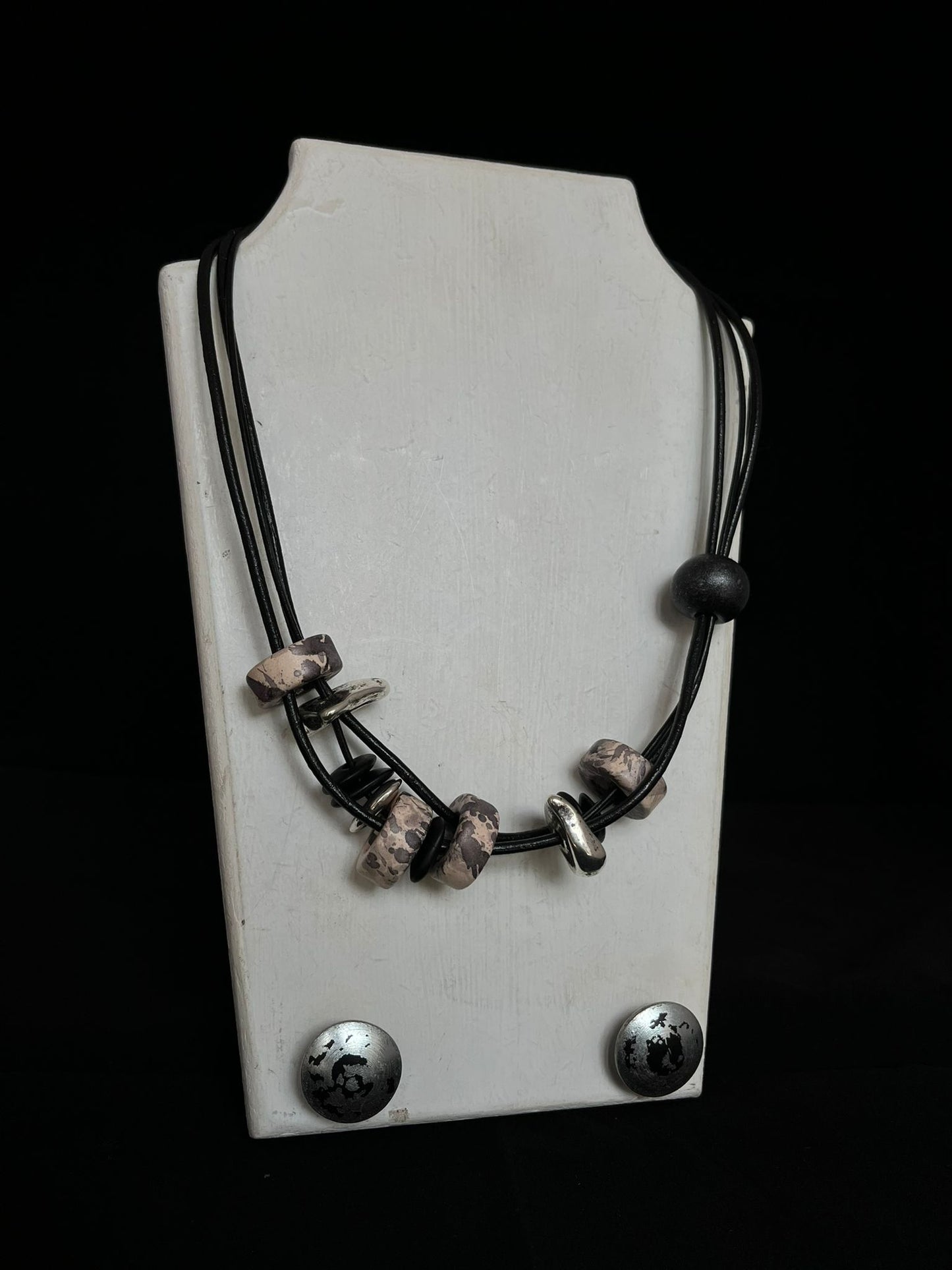 Handmade ceramic bead necklace in silver & black