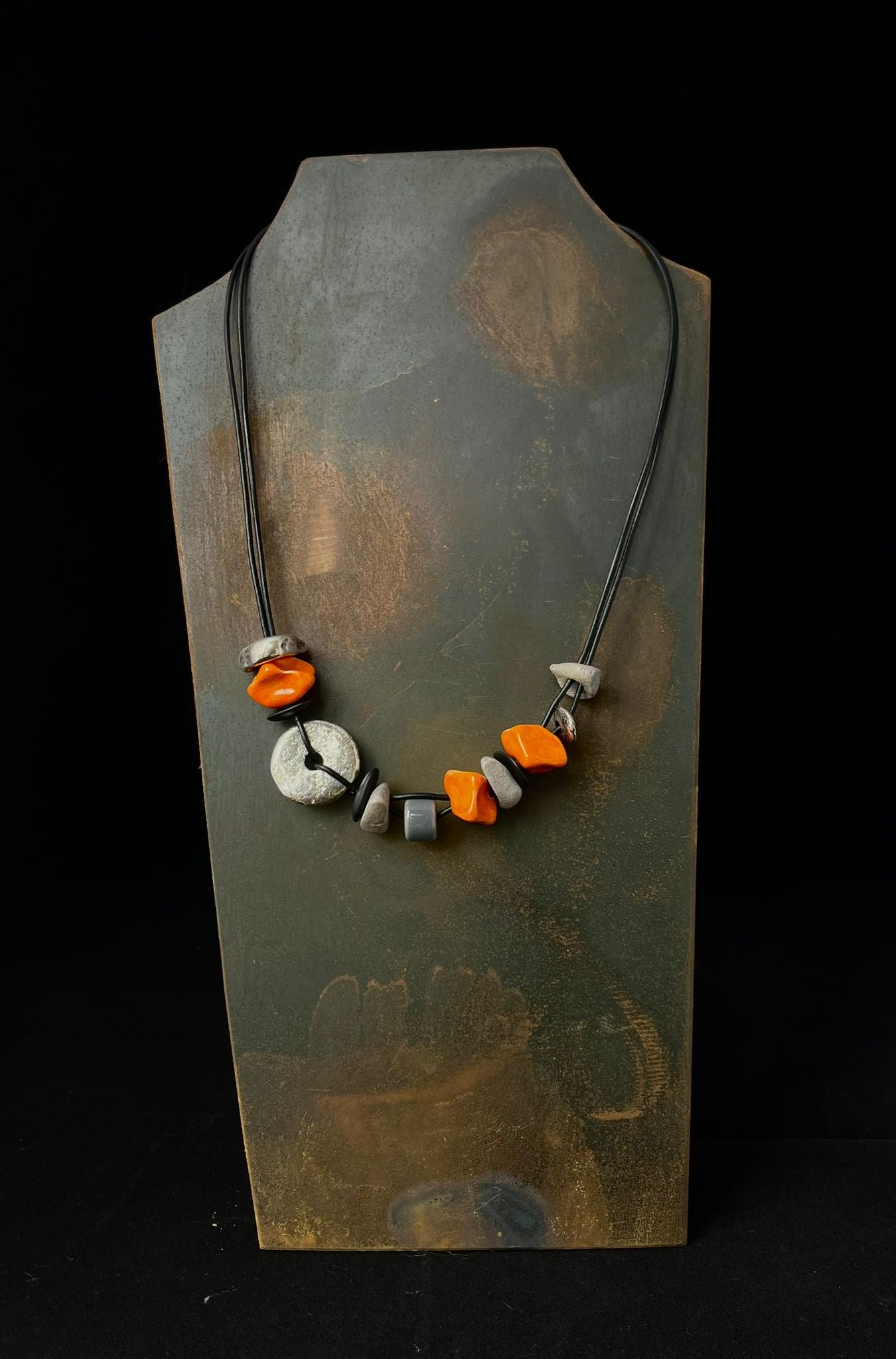Ceramic Bead Necklace in Orange, Black & Silver