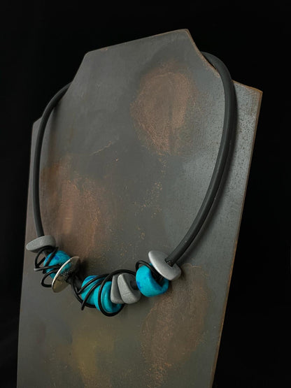 Ceramic Bead Necklace in Blue, Black and Silver.