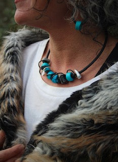 Ceramic Bead Necklace in Blue, Black and Silver.