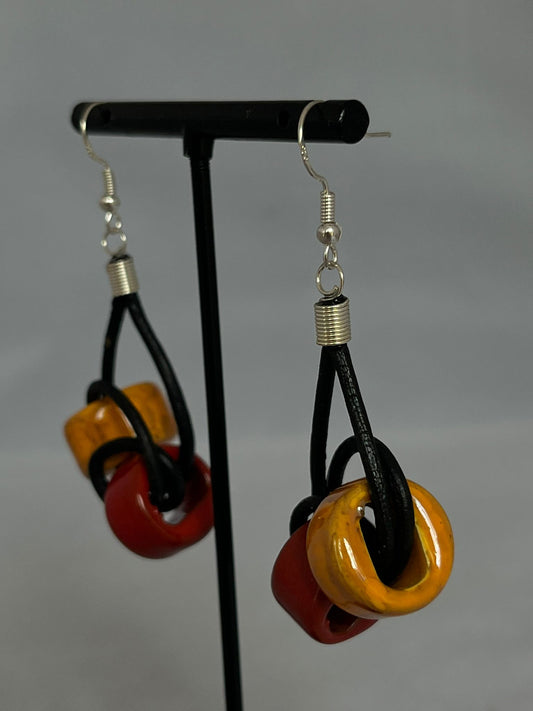 Handmade ceramic bead earrings in mustard & red