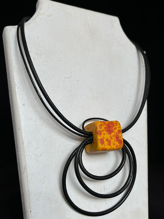 Handmade ceramic bead necklace in mustard & red