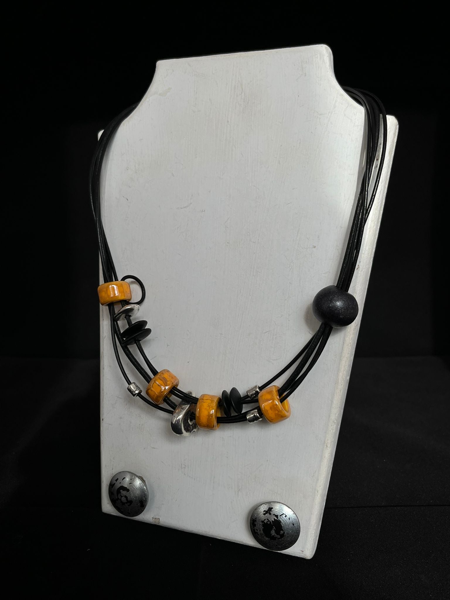 Handmade ceramic bead necklace - mustard & black