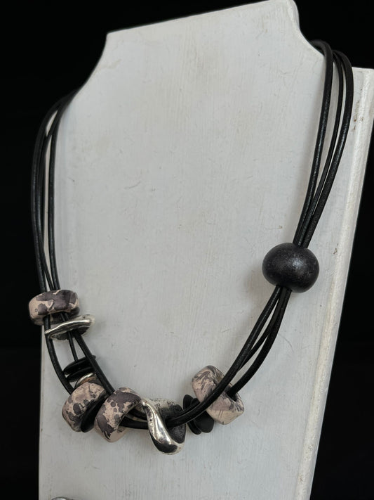 Handmade ceramic bead necklace in silver & black